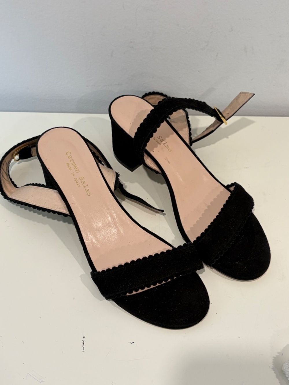 Carmen Salas Black Suede Ankle Wrap Sandal Scallop Detailing SPAIN EU 39 US 9 - Picture 5 of 10